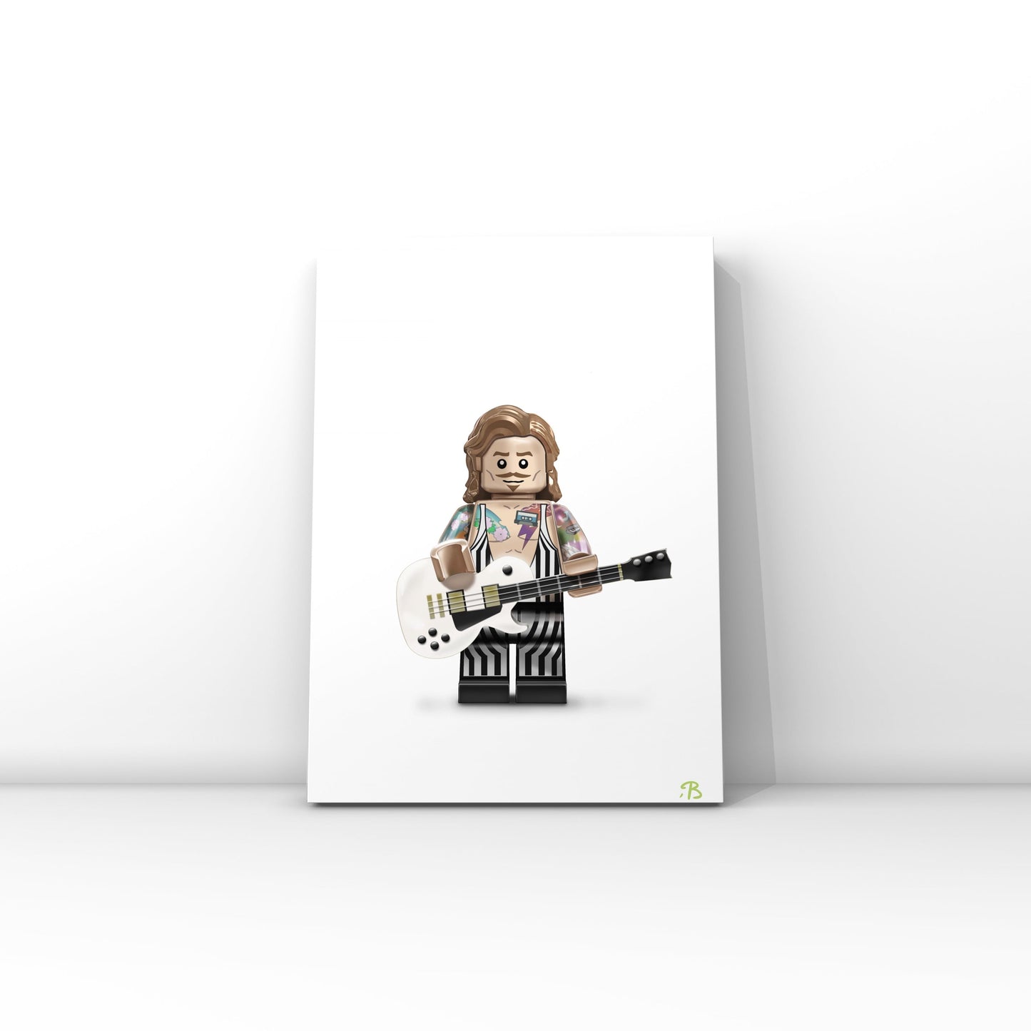 Wall art print of Justin Hawkins designed as a brick figure. Justin stands holding his guitar on a plain white background.
