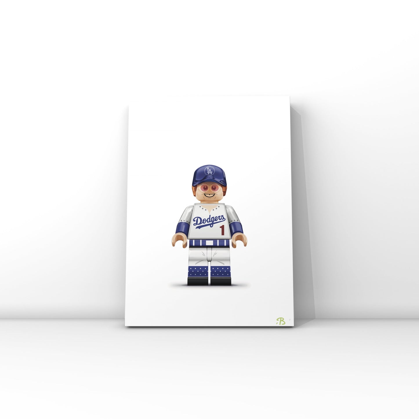 Wall art print of Sir Elton John designed as a brick figure. Elton stands proudly on a plain white background dressed in his infamous LA Dodgers baseball outfit.