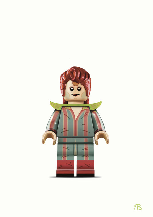 Wall art print of David Bowie designed as a brick figure. David stands dressed in one of his culture changing, iconic outfits.