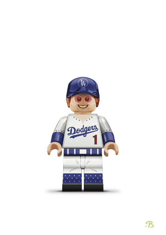 Wall art print of Sir Elton John designed as a brick figure. Elton stands proudly on a plain white background dressed in his infamous LA Dodgers baseball outfit.