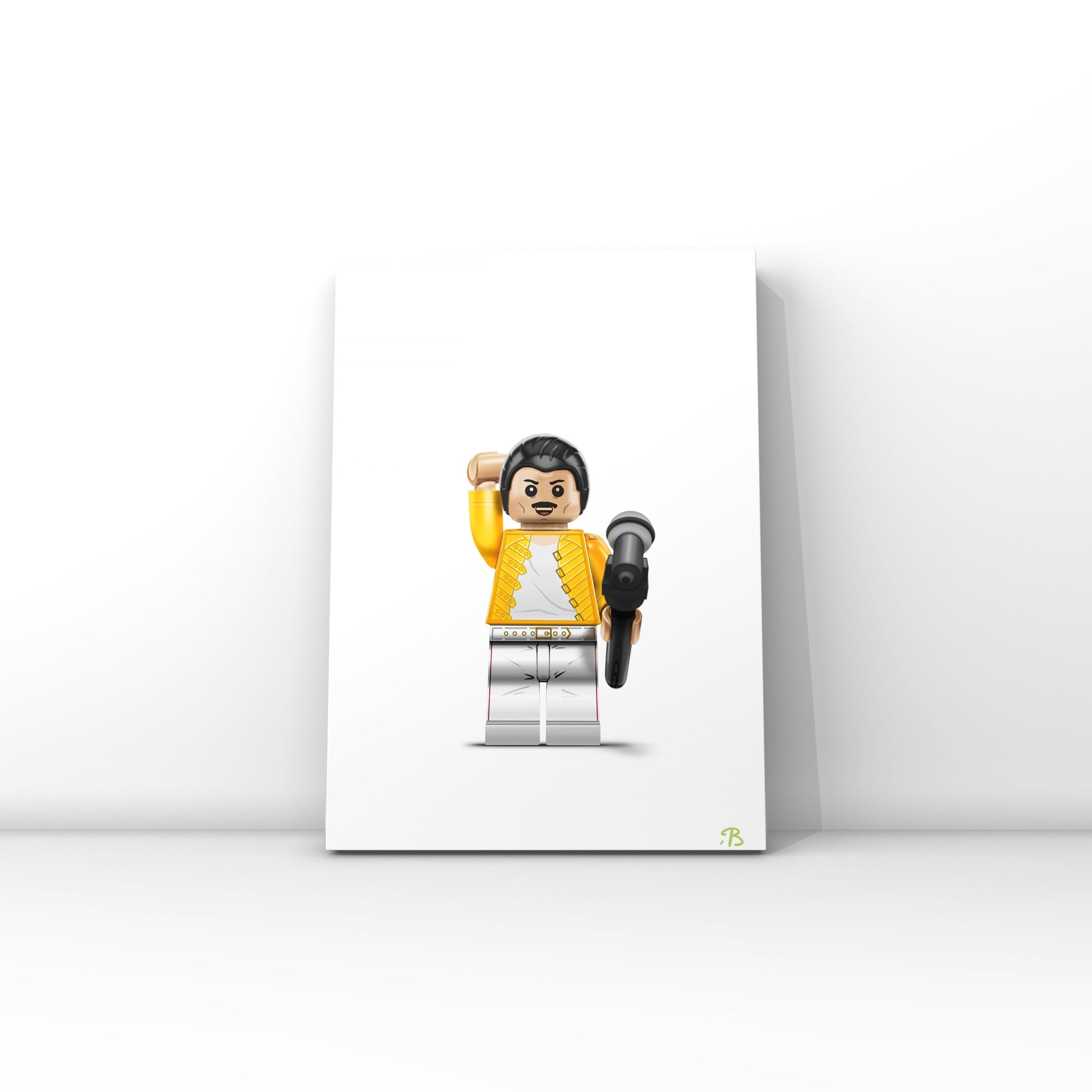 Wall art print of Freddie Mercury designed as a brick figure. Freddie stands in his iconic pose holding a microphone on a plain white background.  