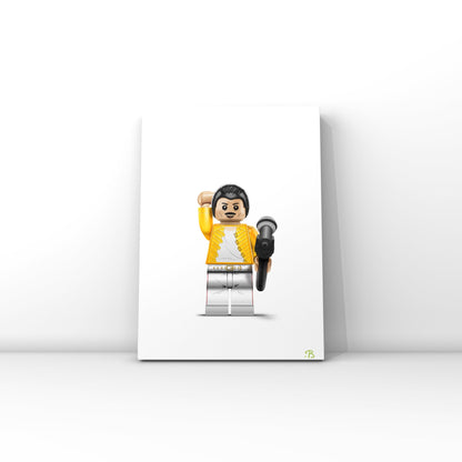 Wall art print of Freddie Mercury designed as a brick figure. Freddie stands in his iconic pose holding a microphone on a plain white background.  