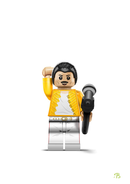 Wall art print of Freddie Mercury designed as a brick figure. Freddie stands in his iconic pose holding a microphone on a plain white background.  