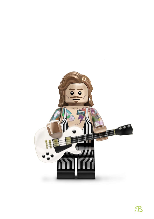 Wall art print of Justin Hawkins designed as a brick figure. Justin stands holding his guitar on a plain white background. 